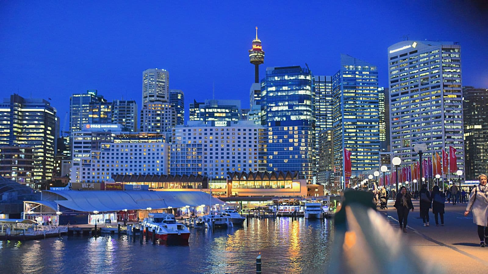 Darling Harbour waterfront at night with illuminated skyline, restaurants and modern hotels during the evening