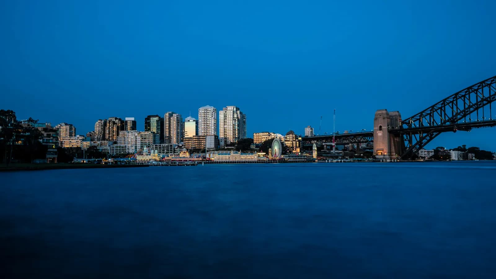 North Sydney skyline and Luna Park beside Sydney Harbour at night