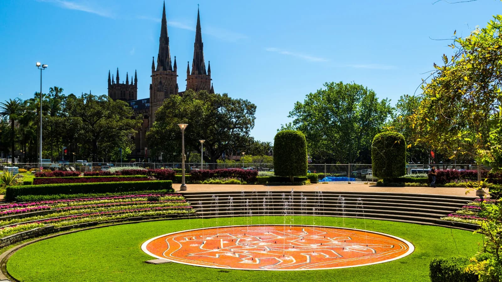 Hyde Park fountain and St Mary's Cathedral in central Sydney