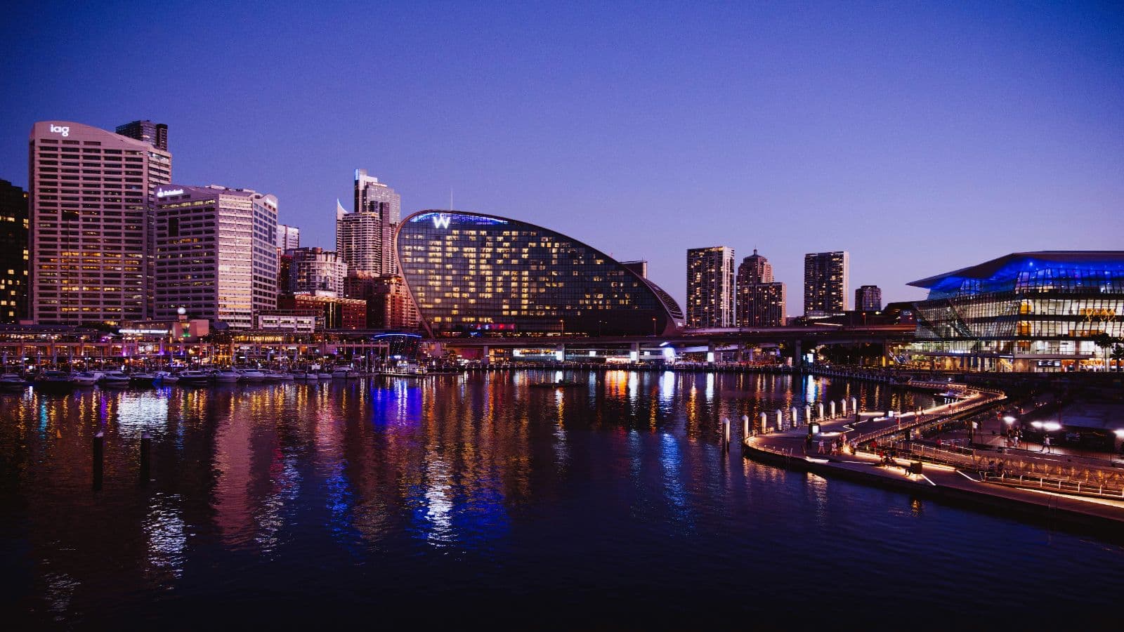 Pyrmont waterfront and Darling Harbour area in the evening